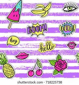 Vector summer seamless pattern with fashion fun patches: lip, ice cream, watermelon,tropical, pineapple, banana on background. Pop art stickers, patches, pins, badges 80s-90s style