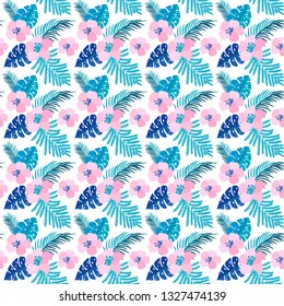 Vector summer seamless pattern with flat flowers and Tropical Leaves of Monstera. Cute floral background for your design. Pastel color elements on white backdrop