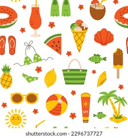 Vector summer seamless pattern in flat design. Background with beach holiday elements. Pattern with palm tree, ice cream, watermelon, pineapple. Summer vacation.