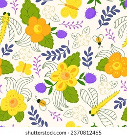 Vector summer seamless pattern, flowers, dragonfly, butterfly