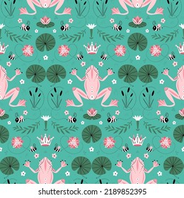 Vector summer seamless pattern with frog in the lake, bees, reeds, crown, water lily. Symmetry folk art style drawing. Isolated on background.