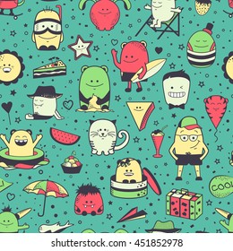 Vector summer seamless pattern with funny monsters, personage. Cool colorful hand drawn characters. Cartoon animals, painted doodles, children's seamless background. Set of unusual creatures