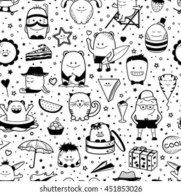 Vector summer seamless pattern with funny monsters, personage. Cool black and white hand drawn characters. Cartoon animals, painted doodles, children's seamless background. Set of unusual creatures