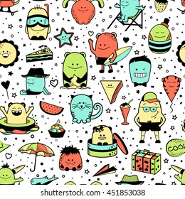 Vector summer seamless pattern with funny monsters, personage. Cool colorful hand drawn characters. Cartoon animals, painted doodles, children's seamless background. Set of unusual creatures