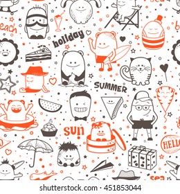 Vector summer seamless pattern with funny monsters, personage. Cool black and red hand drawn characters. Cartoon animals, painted doodles, children's seamless background. Set of unusual creatures