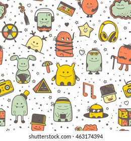 Vector summer seamless pattern with funny monsters, personage. Cool colorful hand drawn characters. Cartoon animals, painted doodles, children's seamless background. Set of unusual creatures