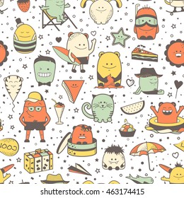 Vector summer seamless pattern with funny monsters, personage. Cool colorful hand drawn characters. Cartoon animals, painted doodles, children's seamless background. Set of unusual creatures