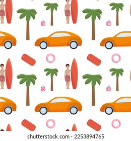 Vector summer seamless pattern. A guy with a surfboard, an inflatable circle and a mattress, a car, a camera, palm trees. 