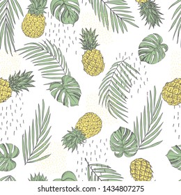 Vector summer seamless pattern with hand drawn tropical plants and  pineapples.  Sketch  illustration.