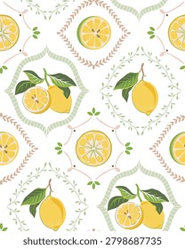 Vector summer seamless pattern. Hand drawn illustration with lemons. Mediterranean beach surface print design, summer vacation endless background.