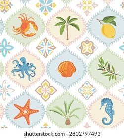 Vector summer seamless pattern. Hand drawn illustration with sea animals, palm trees, lemons. Mediterranean beach surface print design, summer vacation endless background.