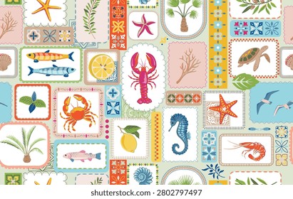 Vector summer seamless pattern. Hand drawn illustration with sea animals, shells, fish. Mediterranean beach surface print design, summer vacation endless background.