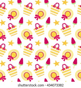 Vector summer seamless pattern with hand drawn beach hats and bags in bright colors