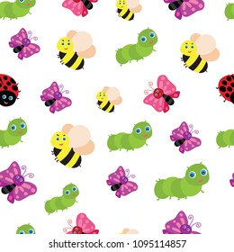 Vector summer seamless pattern with insects in cartoon style. Butterflies, bees and caterpillars. Summer backdrop