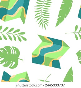 Vector summer seamless pattern with leaves and maps