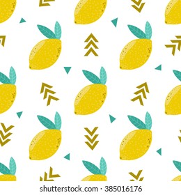 Vector summer seamless pattern with lemons and geometric elements. Natural repeated texture.