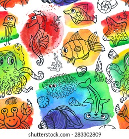 Vector summer seamless pattern.Sea life animals set with watercolor stein,splash background.Funny Fish, octopus,crab,seahorse .Doodle underwater world.Baby hand drawing travel, tropical composition.