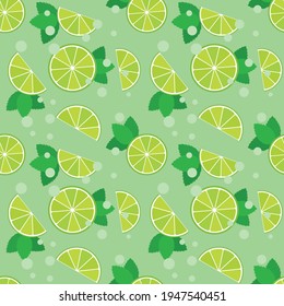 Vector summer seamless pattern with lime slices and mint leaf. For paper, cover, fabric, gift wrap, interior. 