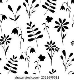 Vector summer seamless pattern with minimal black small flowers. Simple silhouettes plants print on white background.