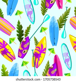 Vector summer seamless pattern with multi-colored surfboards, leaves, paddles, umbrellas on blue background. Surfer texture for prints, foliage, wrapping paper. Vacation background for linen, apparel