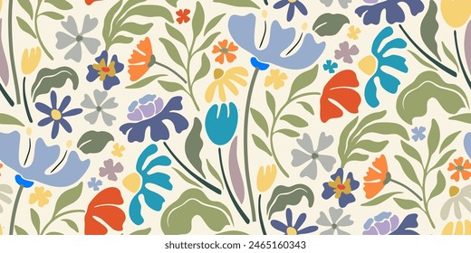 Vector summer seamless pattern with natural elements, flowers, leaves in modern trendy style. Vector endless background.