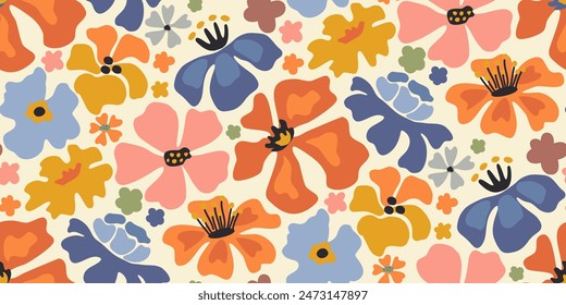 Vector summer seamless pattern with natural elements, flowers, leaves in modern trendy style. Vector endless background.