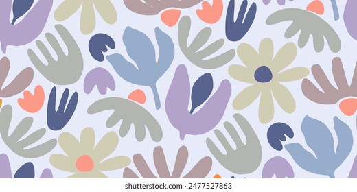 Vector summer seamless pattern with natural elements, flowers, leaves in modern trendy style. Vector endless background.