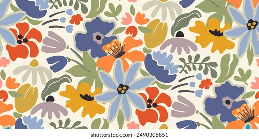 Vector summer seamless pattern with natural elements, flowers, leaves in modern trendy style. Vector endless background.