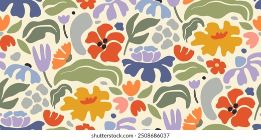 Vector summer seamless pattern with natural elements, flowers, leaves in modern trendy style. Vector endless background.