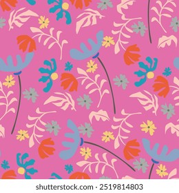 Vector summer seamless pattern with natural elements, flowers, leaves in modern trendy style. Vector endless background