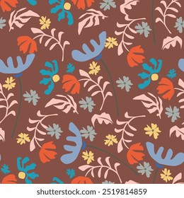 Vector summer seamless pattern with natural elements, flowers, leaves in modern trendy style. Vector endless background