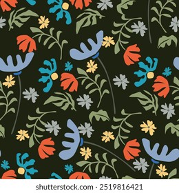 Vector summer seamless pattern with natural elements, flowers, leaves in modern trendy style. Vector endless background