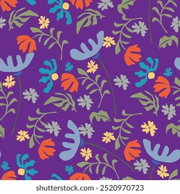 Vector summer seamless pattern with natural elements, flowers, leaves in modern trendy style. Vector endless background