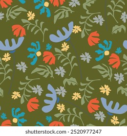 Vector summer seamless pattern with natural elements, flowers, leaves in modern trendy style. Vector endless background
