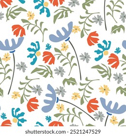 Vector summer seamless pattern with natural elements, flowers, leaves in modern trendy style. Vector endless background