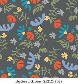 Vector summer seamless pattern with natural elements, flowers, leaves in modern trendy style. Vector endless background