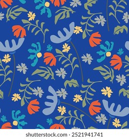 Vector summer seamless pattern with natural elements, flowers, leaves in modern trendy style. Vector endless background
