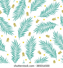 Vector summer seamless pattern with palm leaves and geometric elements. Natural repeated texture.