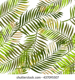 Vector summer seamless pattern with palm leaves. Design for fashion textile summer print, wrapping paper, web backgrounds.  Hand drawn tropical palm leaves background.