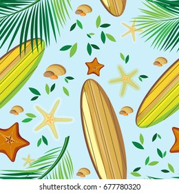 Vector summer seamless pattern of palm branches, surfboards and starfish