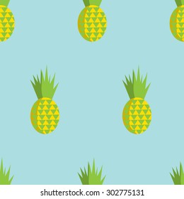 Vector summer seamless pattern with pineapples soft blue background. Flat illustration of tropic fruits.