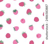 vector summer seamless pattern with raspberry berries on white background. Perfect print for wrapping paper and fabric. Hand drawn raspberry seamless design.