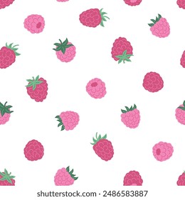 vector summer seamless pattern with raspberry berries on white background. Perfect print for wrapping paper and fabric. Hand drawn raspberry seamless design.