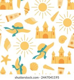 Vector summer seamless pattern with sand castle, sun, hat, sunscreen and seashells