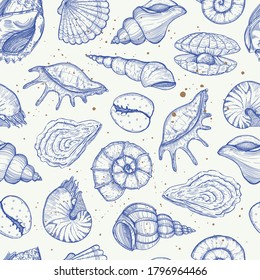 Vector summer seamless pattern with seashells and mussels. Sea tropical background sketch style, with various mollusk, shells different forms. Hand drawn illustration for wrapping paper, fabric print.