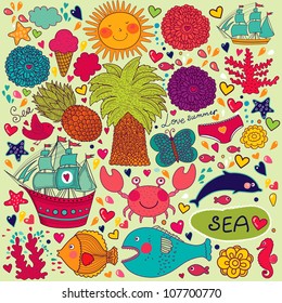 Vector summer seamless pattern. Set of travel and summer symbols