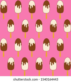 Vector summer seamless pattern with simple popsicle ice cream of two kinds: creamy with glaze in the form of streaks of dark chocolate and chocolate with streaks of white glaze on a pink background