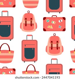 Vector summer seamless pattern with suitcases, bags and backpacks