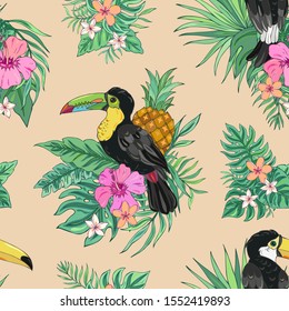 Vector summer seamless pattern with toucan, palm leaves, pineapple, hibiscus and plumeria. Tropical bouquet flowers. It can be used for websites, packing of gifts, fabrics, wallpapers. 