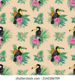 Vector summer seamless pattern with toucan, palm leaves, pineapple, hibiscus and plumeria. Tropical bouquet flowers. It can be used for websites, packing of gifts, fabrics, wallpapers. 